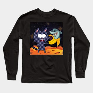 BANANA SHARK AND CAT IN SPACE | Funny Cat Banana Shark Humor Long Sleeve T-Shirt